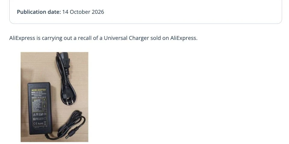 AliExpress charger recall: check model JCY-05100 and your order history
