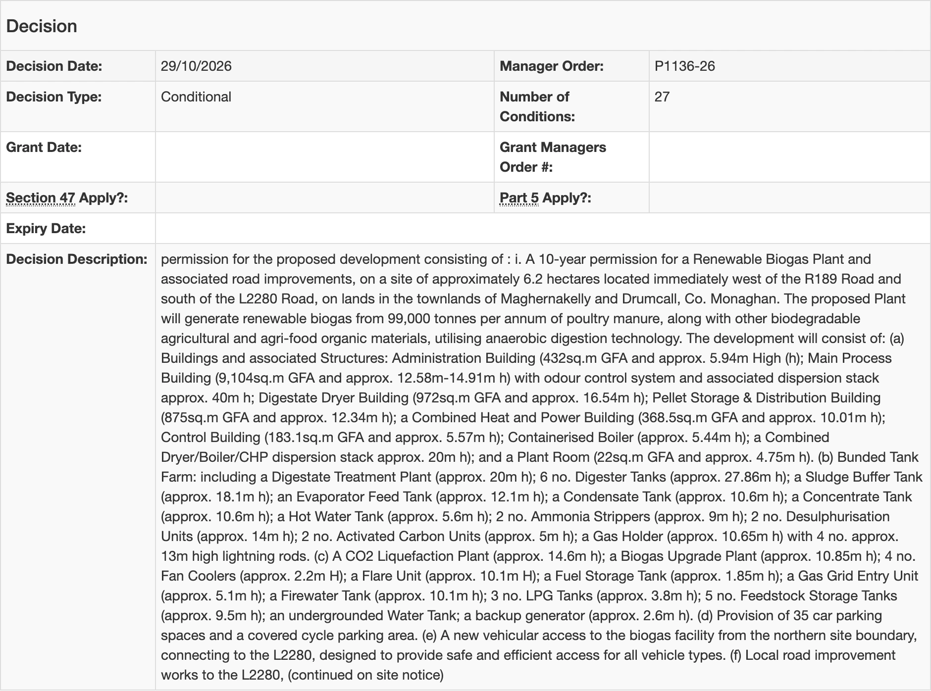 Monaghan council approves Drum biogas plan with 27 conditions