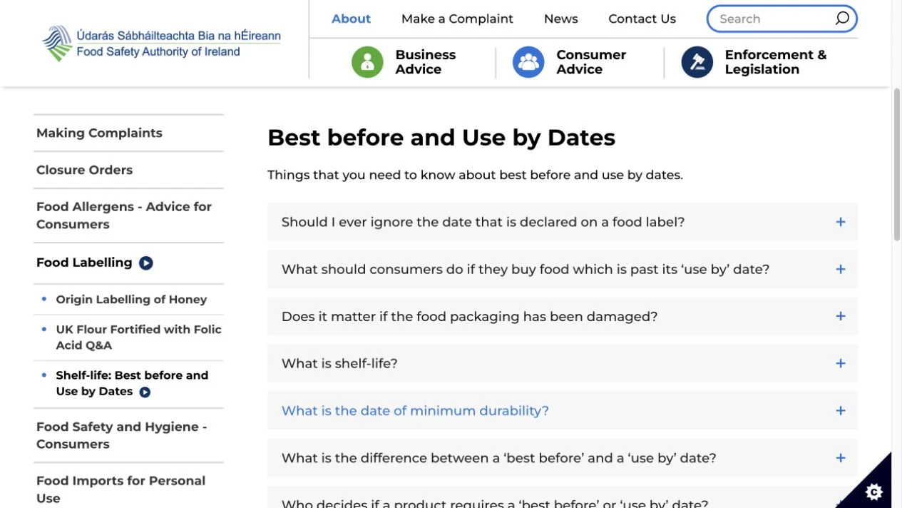 Food dates in Ireland: use-by, best-before and the clock after opening
