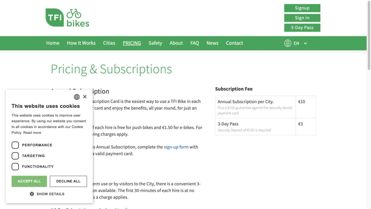 TFI Bikes: compare the subscription, bike type and complete hire time
